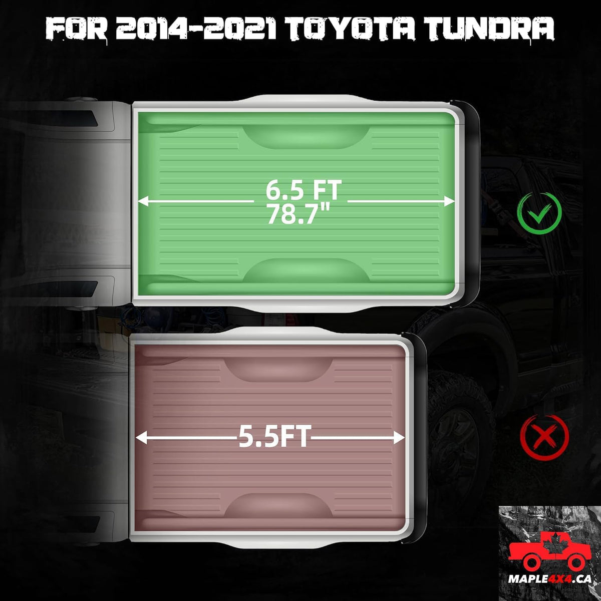 Maple4x4 Hard Quad-Fold Truck Bed Tonneau Cover Compatible with 2014-2021 Toyota Tundra Fleetside 6.5ft Bed | Aluminum on top Mount