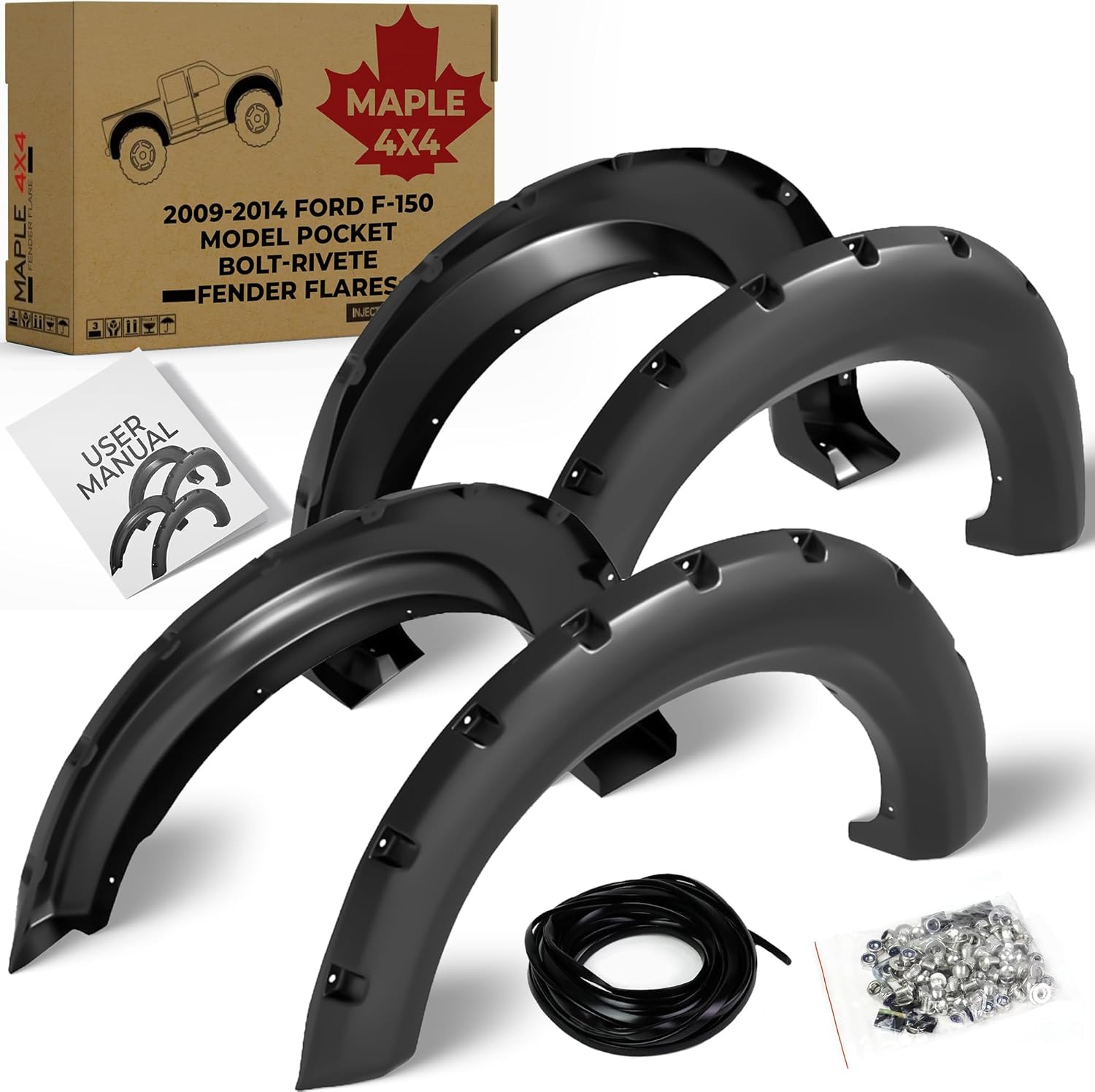 2009-2014 Ford F-150 Pocket Bolt-Riveted Style Fender Flares | Smooth Black, Set of 4 | Durable Protection, Easy Installation (Not for Flareside Models)