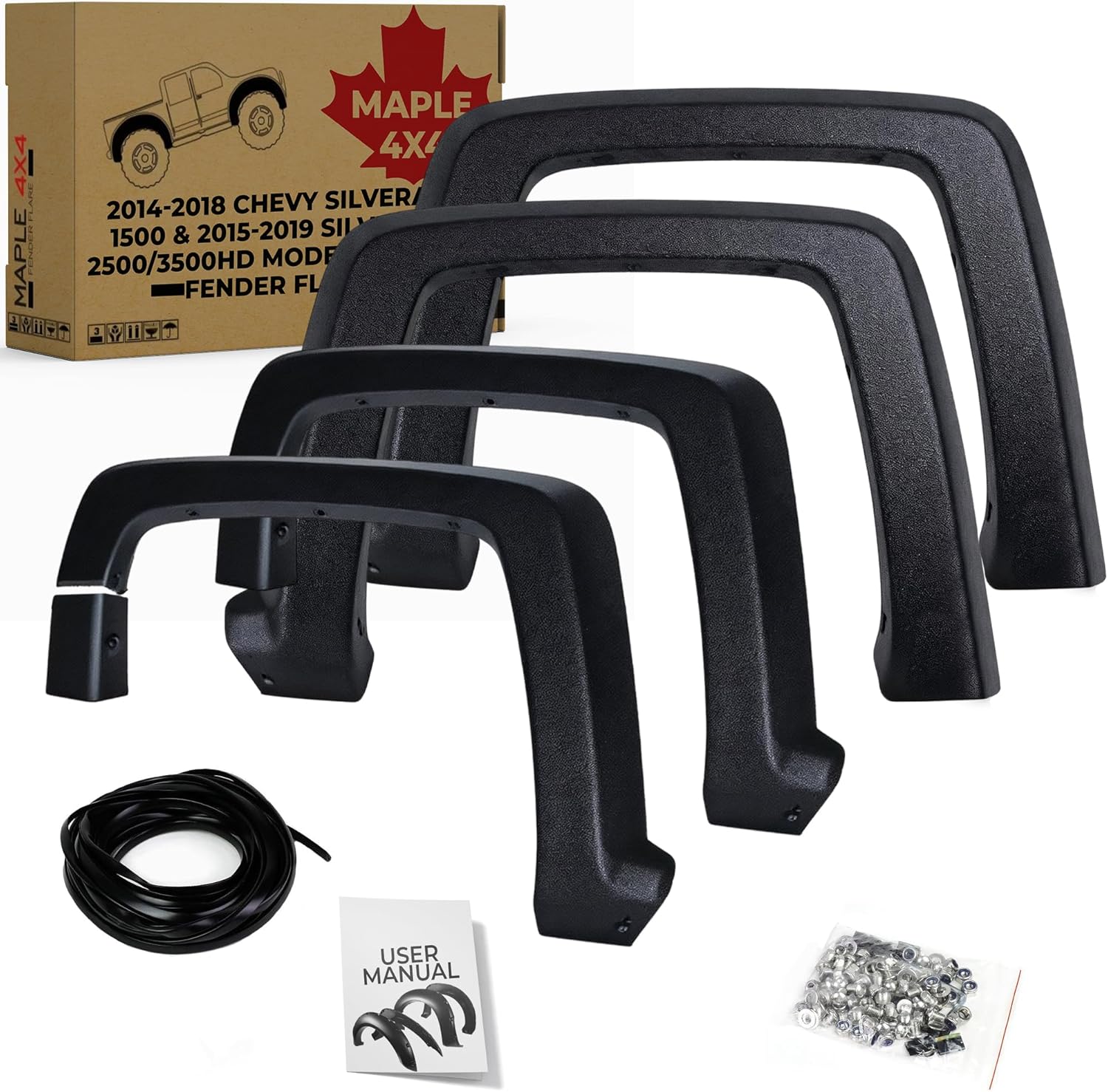 Maple4x4 2014-2018 Chevy Silverado 1500 & 2015-2019 Silverado 2500/3500HD Factory Style OEM Fender Flares – 6PC Set, Fine-Texture Matte Black Paintable -- OE206