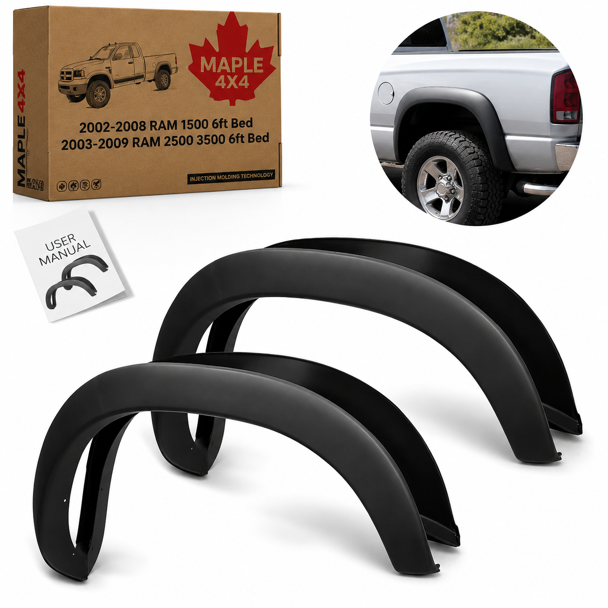 Maple4x4 Compatible with 2002-2008 Dodge Ram1500 2003-2009 Dodge Ram 2500 3500 6.5ft Bed (Not for 8' Bed and Dually Models) OEM Factory Style Fender Flares | Smooth black paintable - OE301