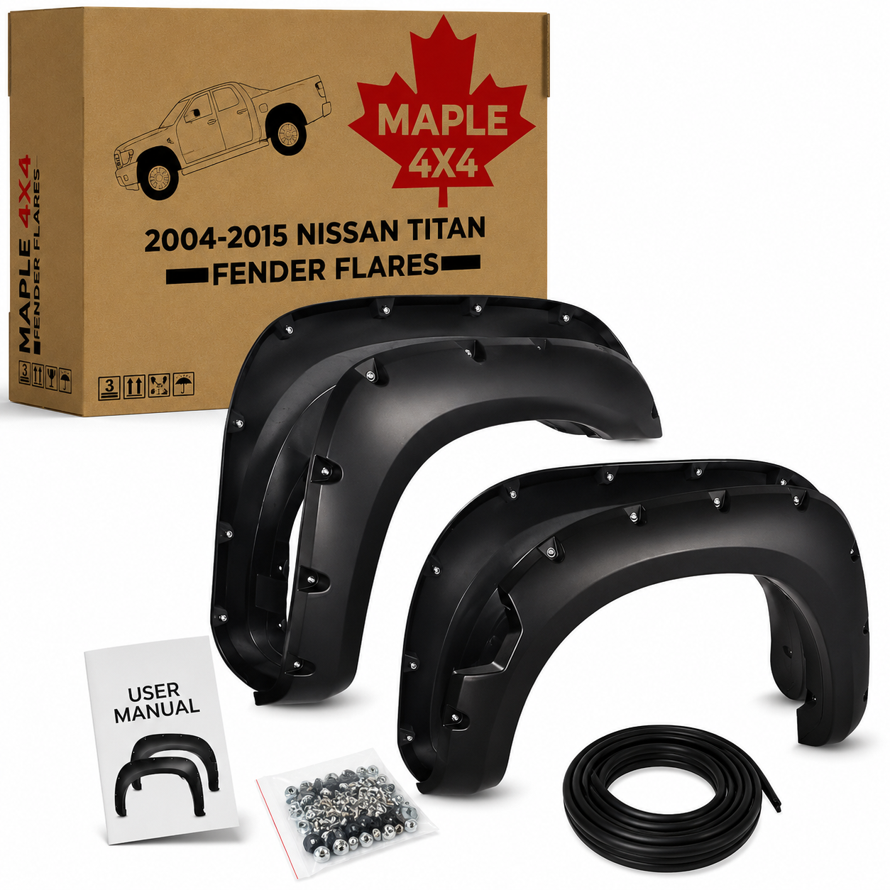 Maple4x4 2004-2015 Compatible with Nissan Titan (WITHOUT Bedside Lockbox) Pocket Riveted Fender Flares | Smooth Black Paintable, Set of 4 - FF701