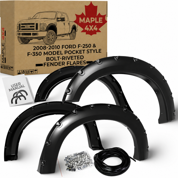 Discounted Demo Fender Flares with Minor Scratches | Maple4x4 2008-2010 Compatible with Ford F250 F350 SD Pocket Style Bolt-Riveted Fender Flares (Not Compatible with Dually Models) | Smooth Black Paintable - FF106-1