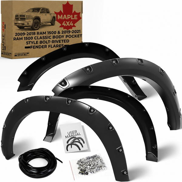 Discounted Demo Fender Flares with Minor Scratches | Maple4x4 2009-2018 Ram 1500 & 2019-2024 Compatible with Dodge Ram 1500 Classic Body(Excludes R&T Models,New Body Style) Pocket Style Riveted Fender Flares | Smooth Black Paintable, Set of 4 - FF304-1