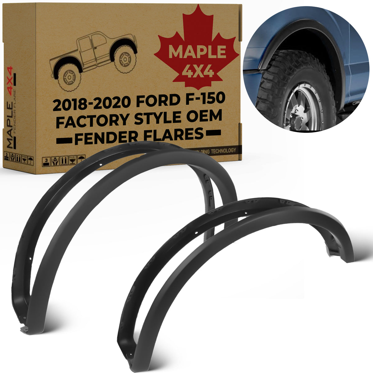Maple4x4 OE Replacement Fender Flares Compatible with 2018-2020 Ford F150 (only for trucks with factory flares) | (Excludes Platinum & Raptor Model) Smooth Black Paintable - OE109
