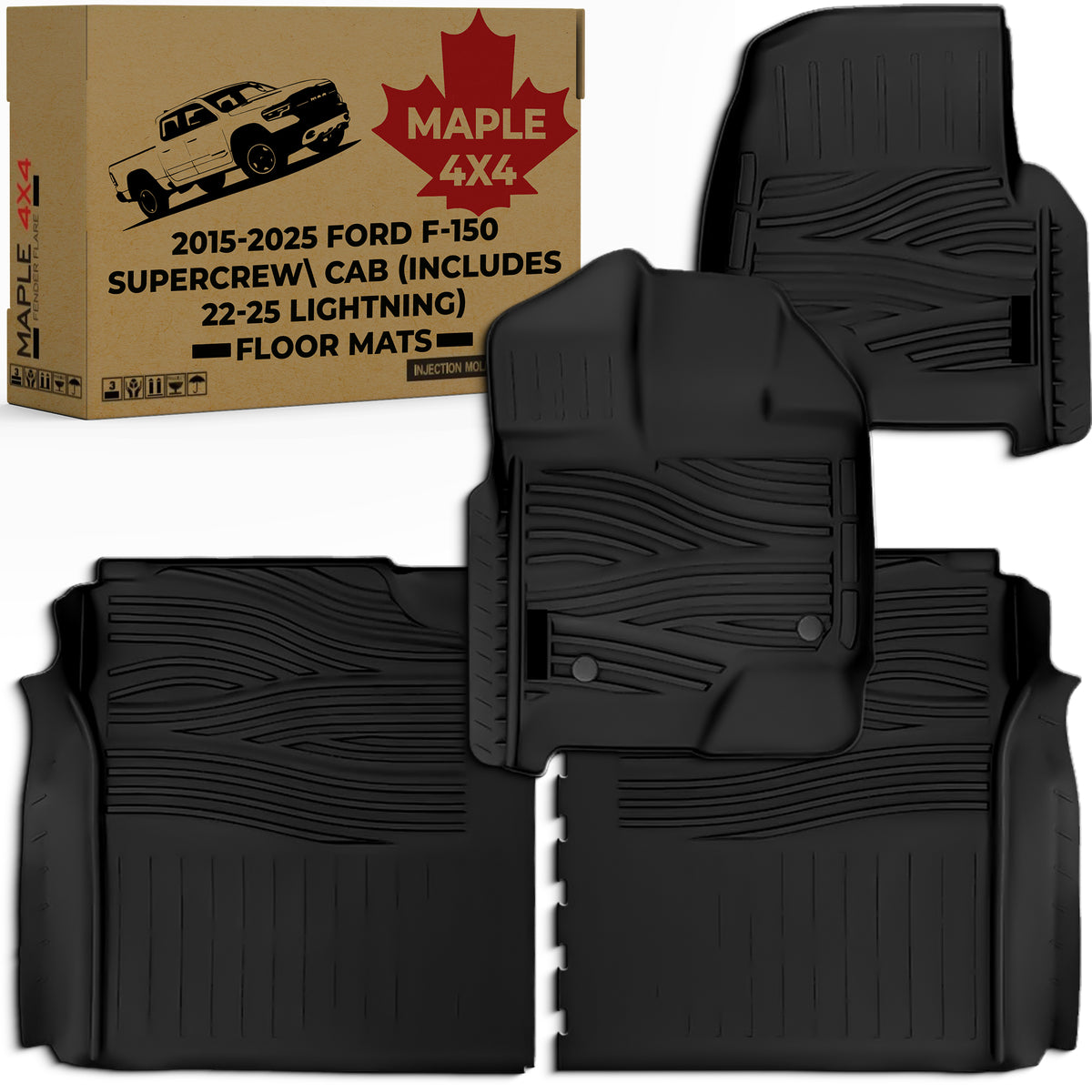 Floor Mats Fit 2015-2025 Ford F-150 SuperCrew Cab (Includes 22-25 Lightning), Custom Fit TPE All Weather | Non-Slip Textured Surface | Front and Rear Row - 3pcs Black