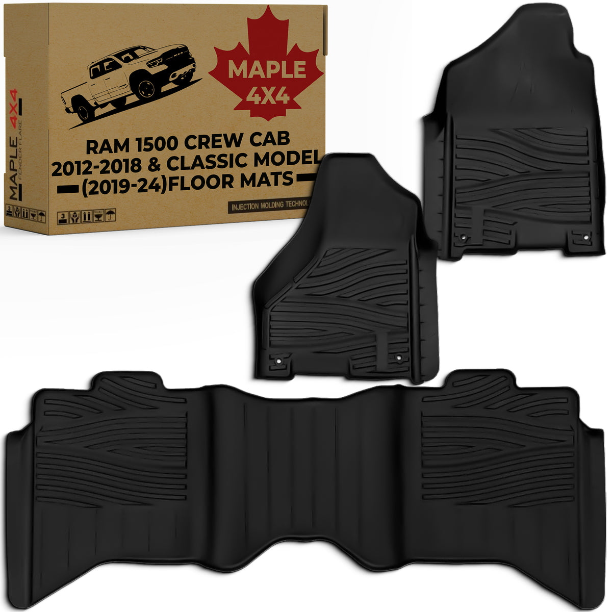 Floor Mats Fit Ram 1500 Crew Cab 2012-2018 & Classic Model (2019-24) | Custom Fit TPE All Weather | Non-Slip Textured Surface | Front and Rear Row - 3pcs Black
