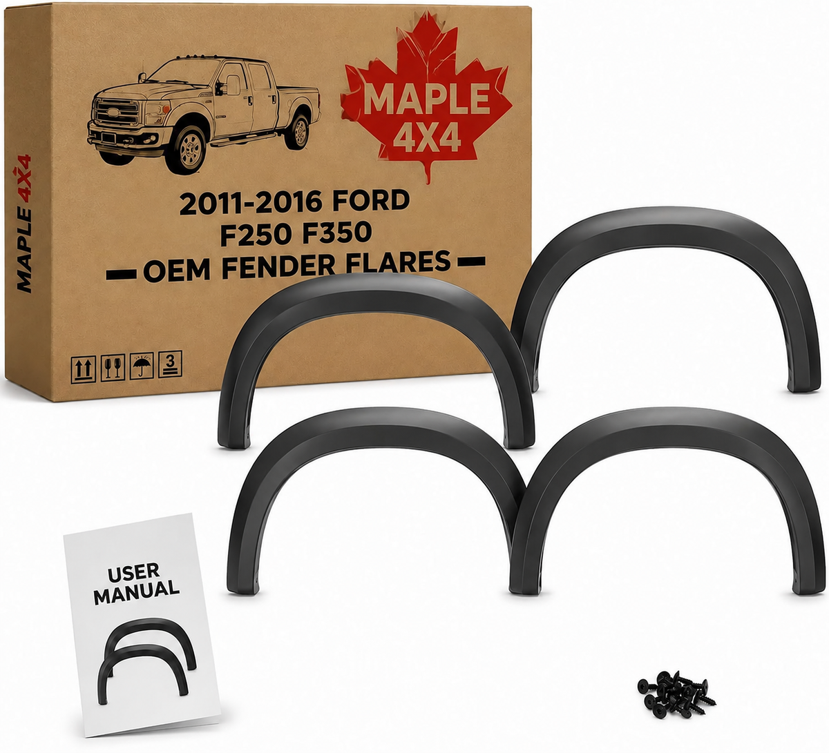 Discounted Demo Fender Flares with Minor Scratches | Maple4x4 2011-2016 Ford F-250 F-350 SD Factory Style OEM Fender Flares (NOT for dually models) | Smooth Glossy Paintable - OE103