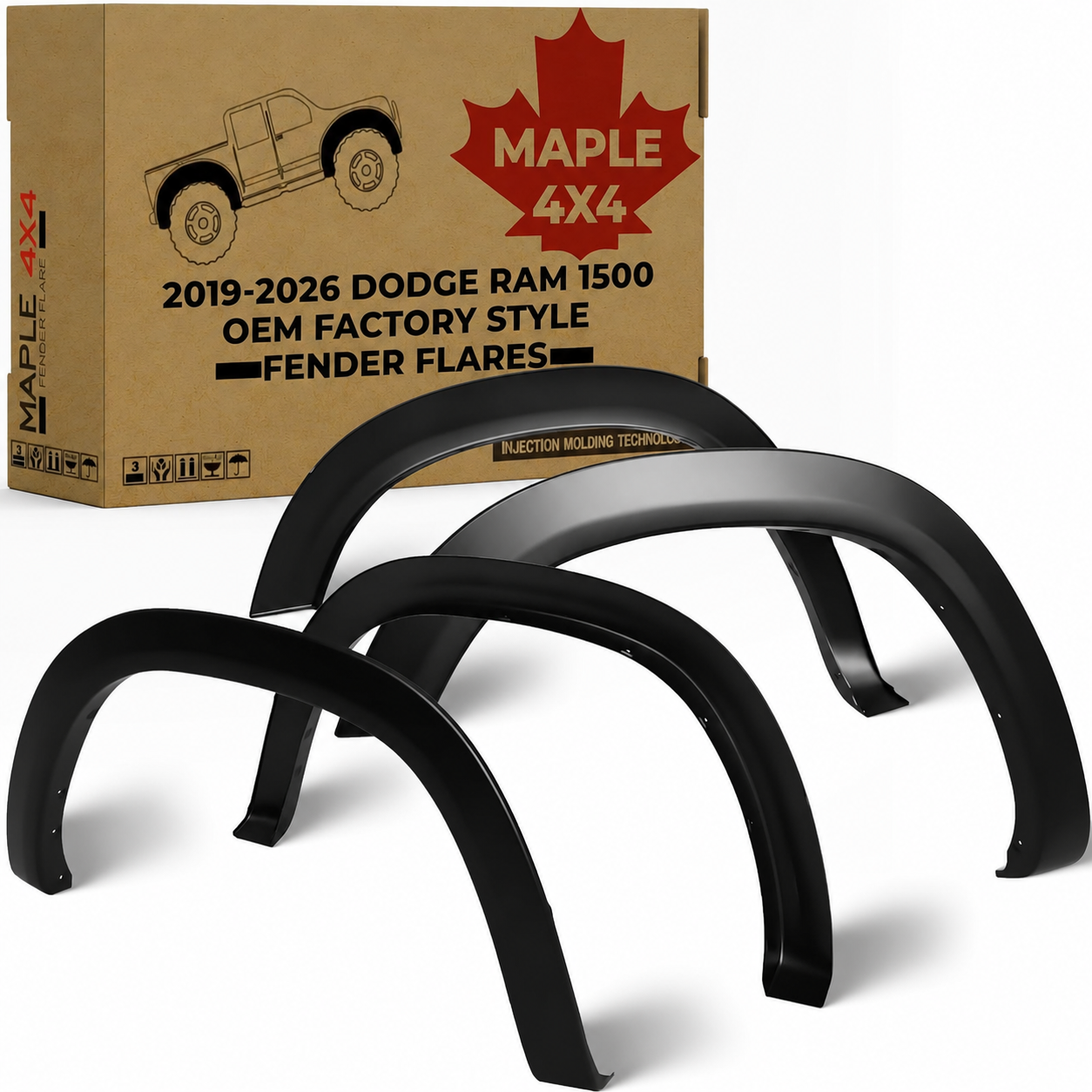 Maple4x4 Compatible with 2019-2026 Dodge Ram 1500 New Body OEM Factory Style Fender Flares (Not for Classic, Rebel, TRX Models) | Smooth Black Paintable Set of 4 - OE305